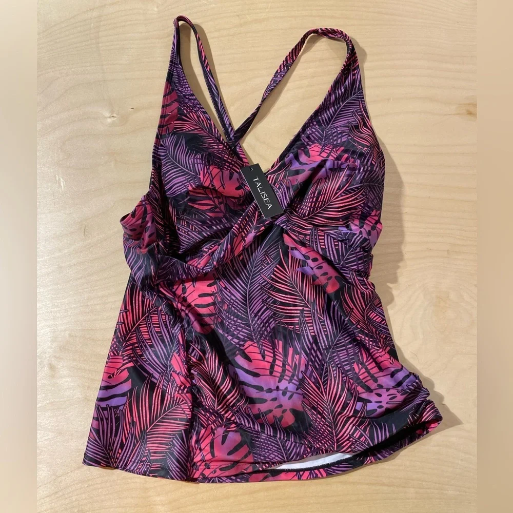 Talisea Pink and Purple Leaf Print Swim Top Large (OO)